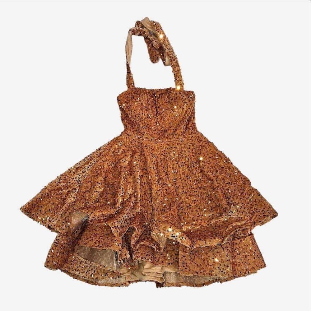 Faeriesty gold sequin mini a line dress with halter tie and lace up back Size S